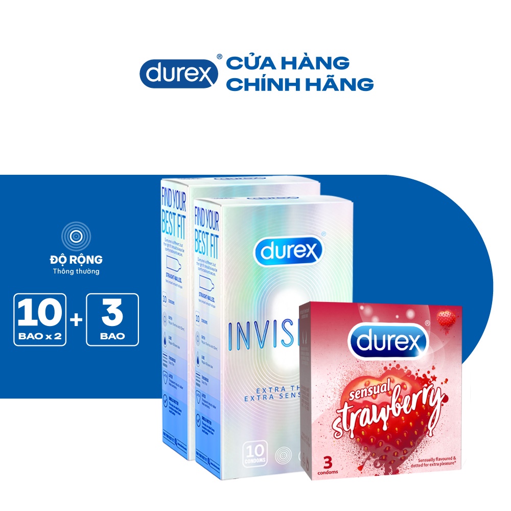 Bộ 2 hộp bao cao su Durex Invisible siêu mỏng (52mm, hộp 10 bao)+ 1 Durex Sensual Strawberry hương dâu (52mm, hộp 3 bao)