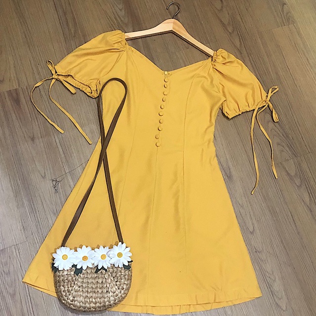 Đầm nút bọc tay nơ 2 màu (kèm hình thật) | BigBuy360 - bigbuy360.vn