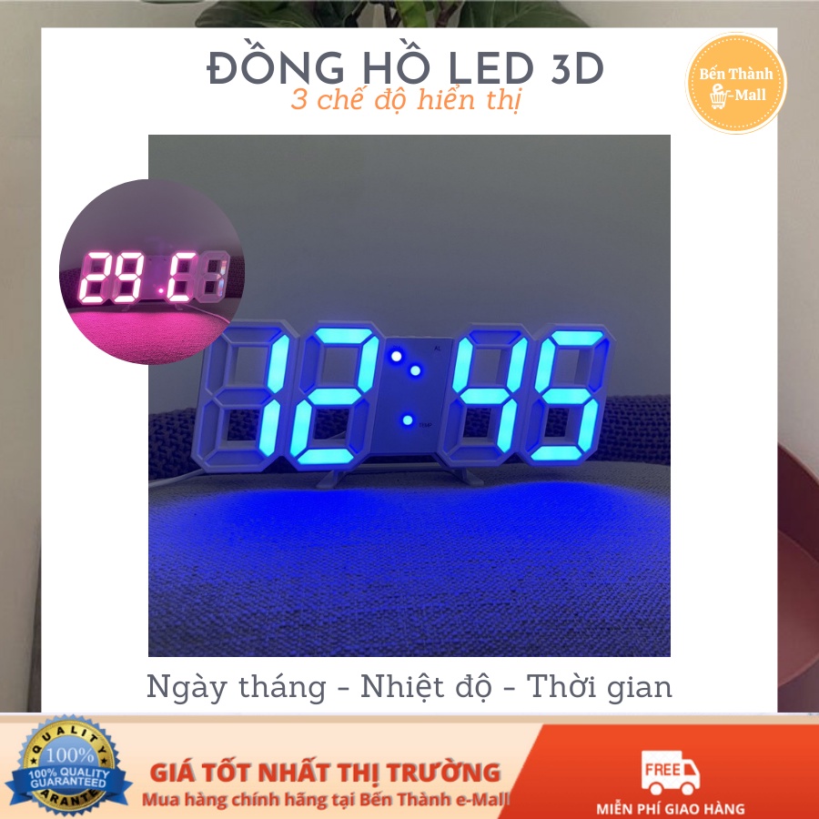 Đồng hồ LED 3D treo tường, để bàn thông minh với 3 chế độ hiển thị