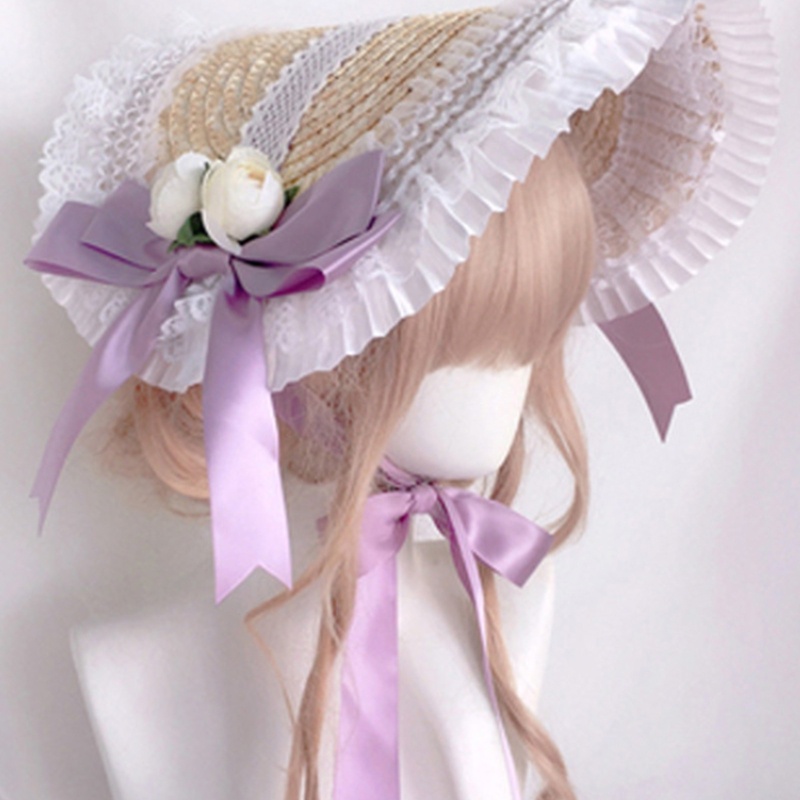 Nón cói chống nắng phối hoa nhún bèo ren và ruy băng nơ có dây đeo cằm phong cách Victoria vintage cho nữ