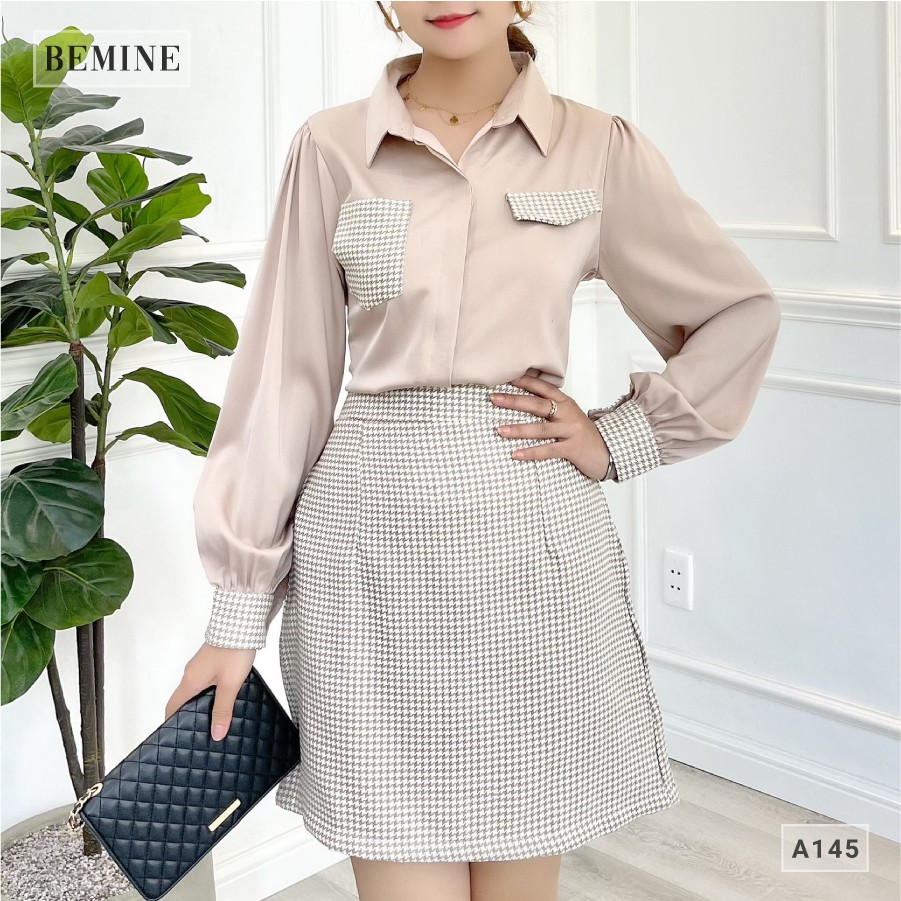Áo sơ mi nữ công sở tay dài phối túi họa tiếc caro thanh lịch BEMINE A145DA