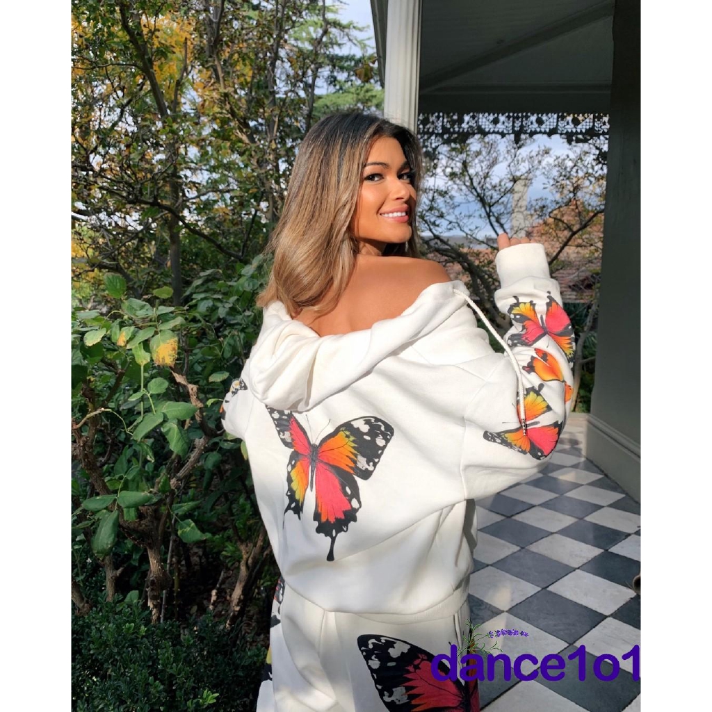Set Áo Khoác Hoodie Và Quần Dài Thể Thao In Hình Bướm Cho Nữ