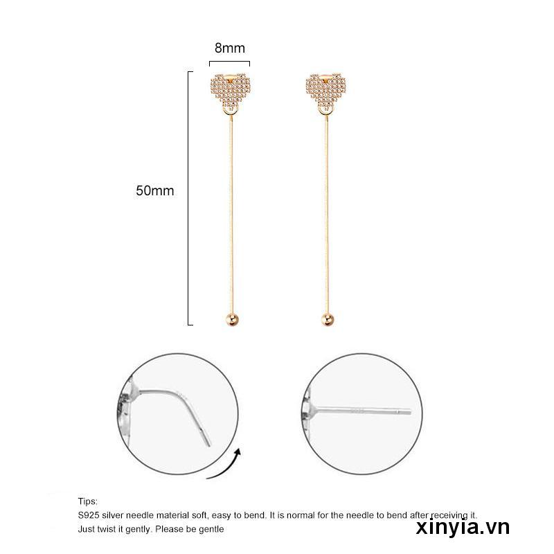 Khuyên tai dáng dài hình trái tim đính đá phối tua rua đơn giản cho nữ