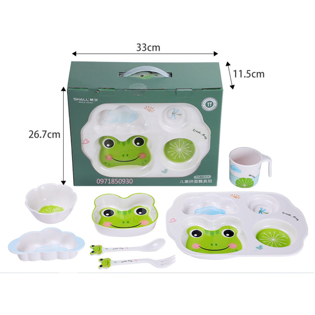 Set 7 Món Khay, Bát, Cốc, Dĩa và Thìa Ăn Dặm Hữu Cơ Tự Nhiên SHALL Cao Cấp Cho Bé - Ếch Xanh