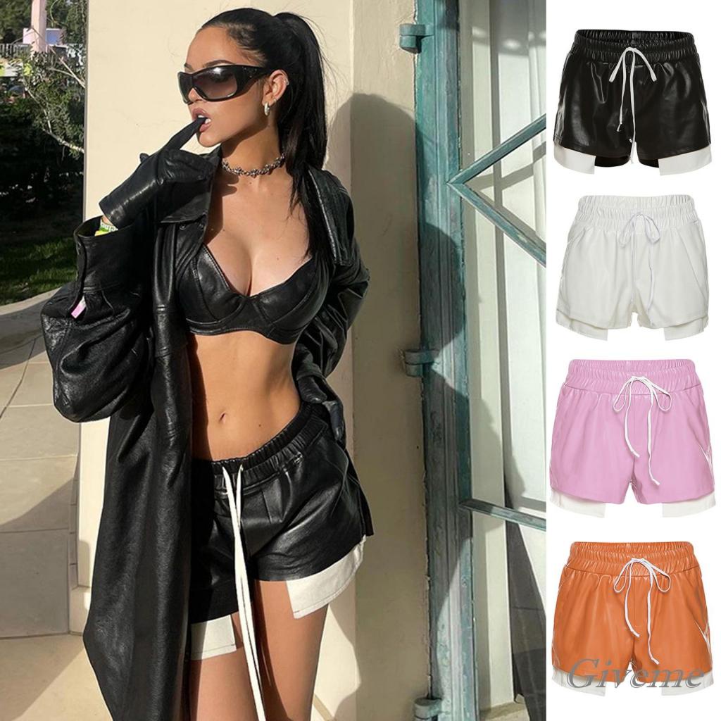 Quần Short Da PU Lưng Thun Rút Dây Màu Trơn Tương Phản Phong Cách Đơn Giản Hiệu Givenme Cho Nữ