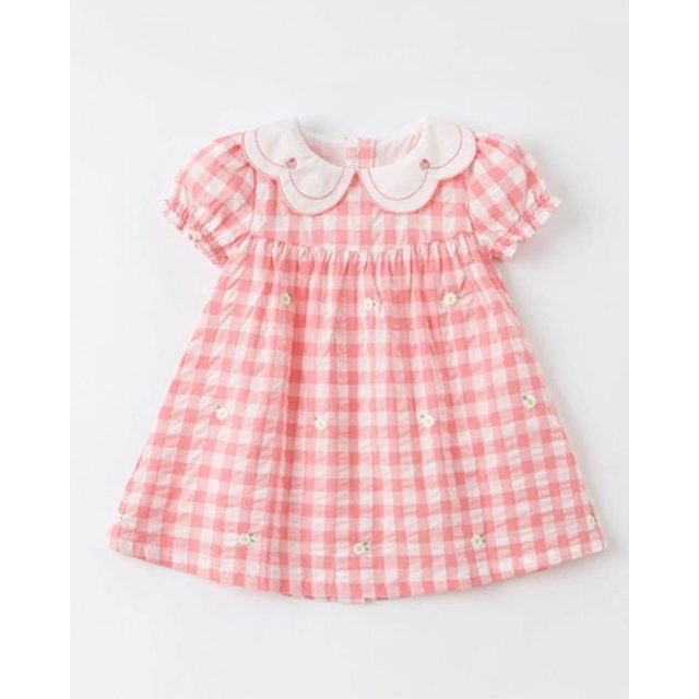 Váy babydoll caro hồng hoạ tiết thêu hoa 3D cực xjnh cho bé gái