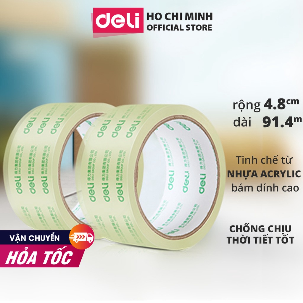 Băng keo đóng hàng Deli - Chống thấm, lõi siêu mỏng chuyên dụng - nhiều kích thước - 1 cuộn