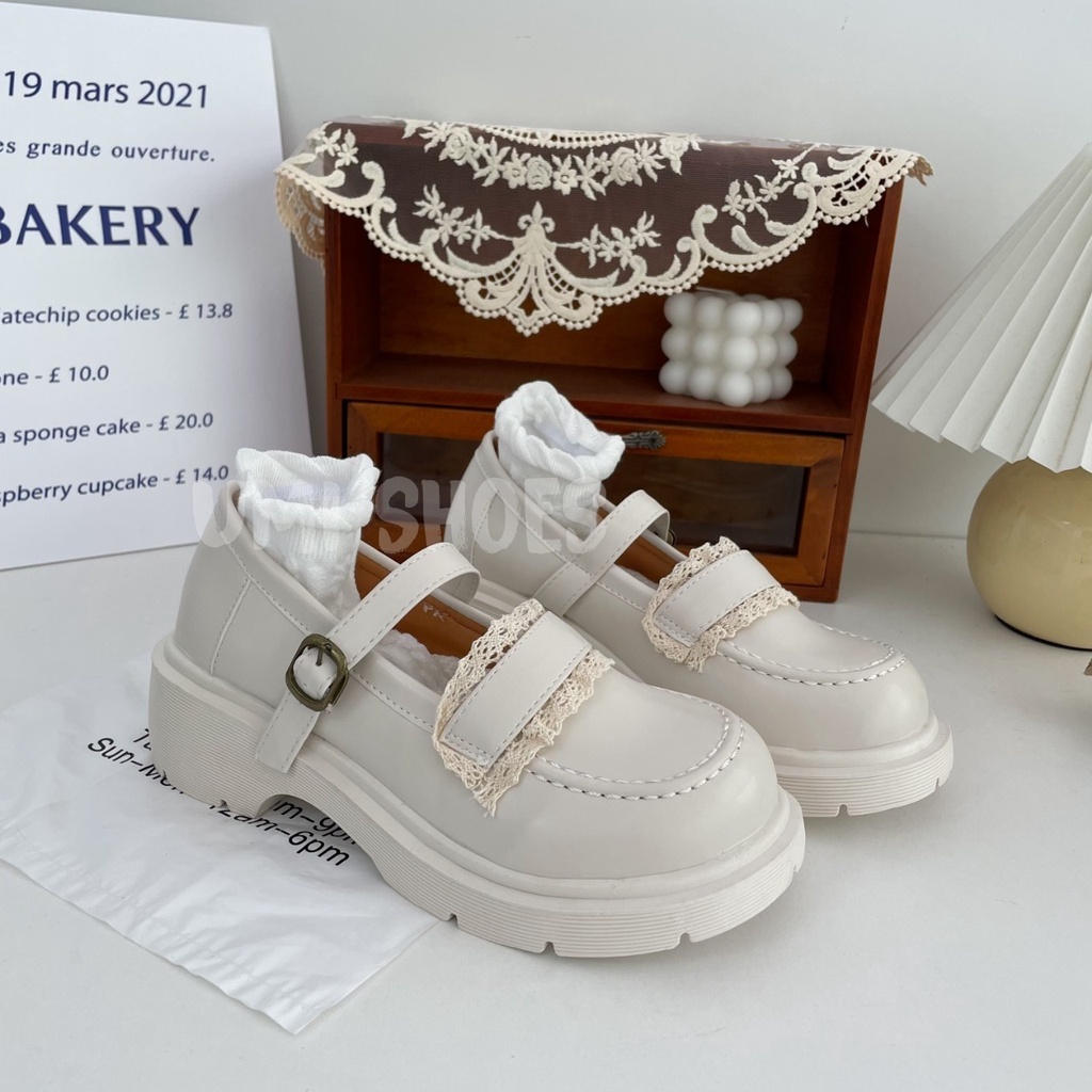 Giày Lolita Nữ Mary Quai Cài Thời Trang Phối Ren Mới Hot Da Dáng Oxford Màu Đen/Kem Học Sinh Độn Đế Cao 5cm