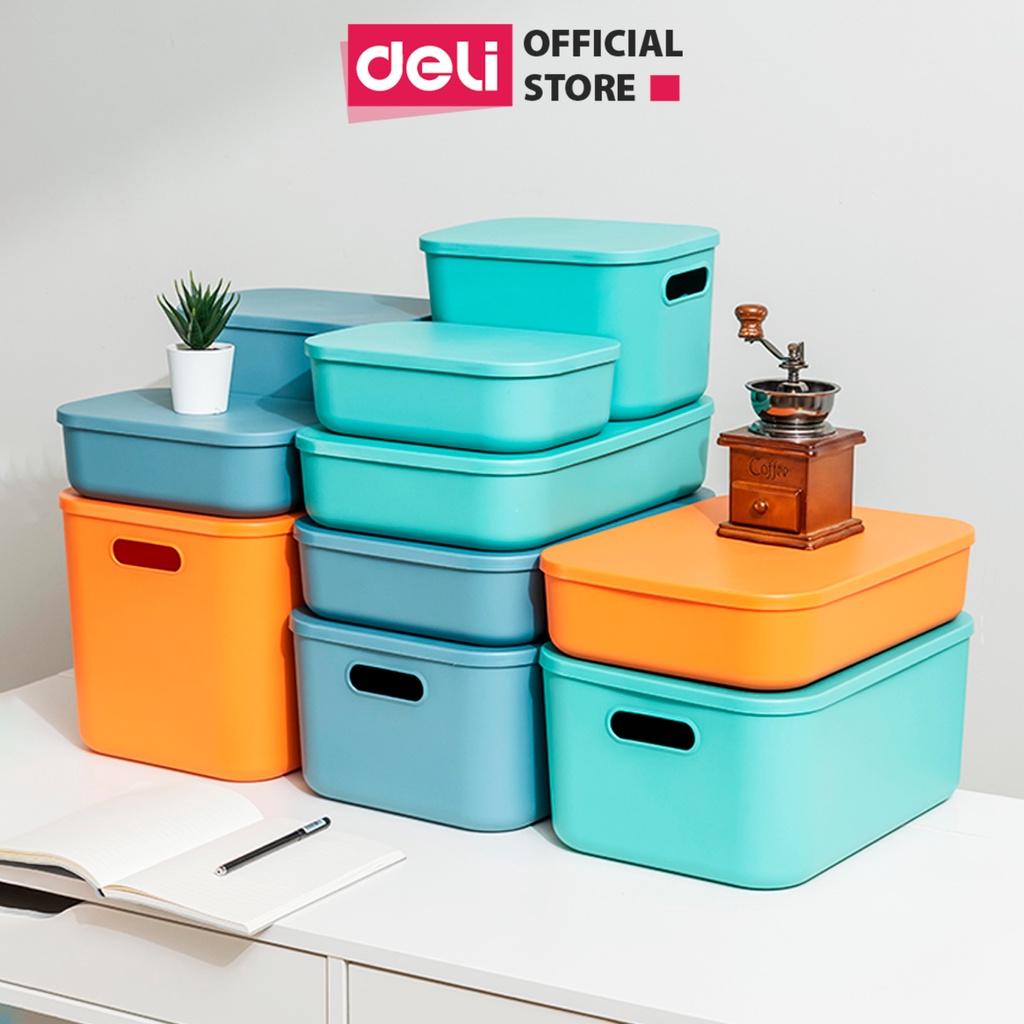 [Tặng sticker] Hộp đựng đồ có nắp Deli - Nhiều màu sắc, Cỡ siêu lớn, đa năng, nhựa cao cấp, có tay cầm, nắp đậy