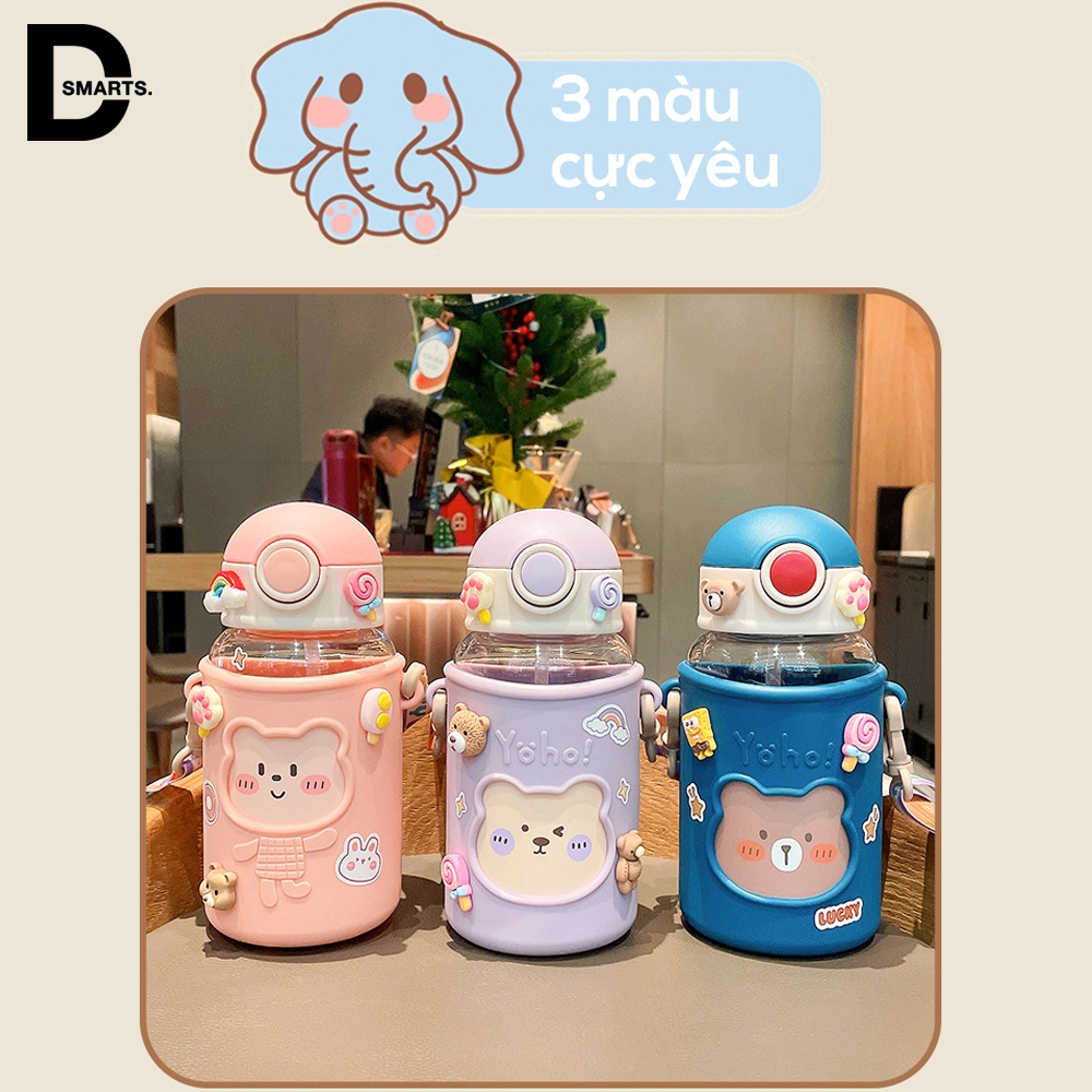 Bình nước cute, bình nước cho bé có quai đeo nắp bật ống hút mềm mại dung tích 620ml - Tặng kèm sticker cực cute