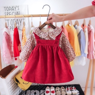 Váy yếm nhung đỏ mix áo hoa lót nhung
