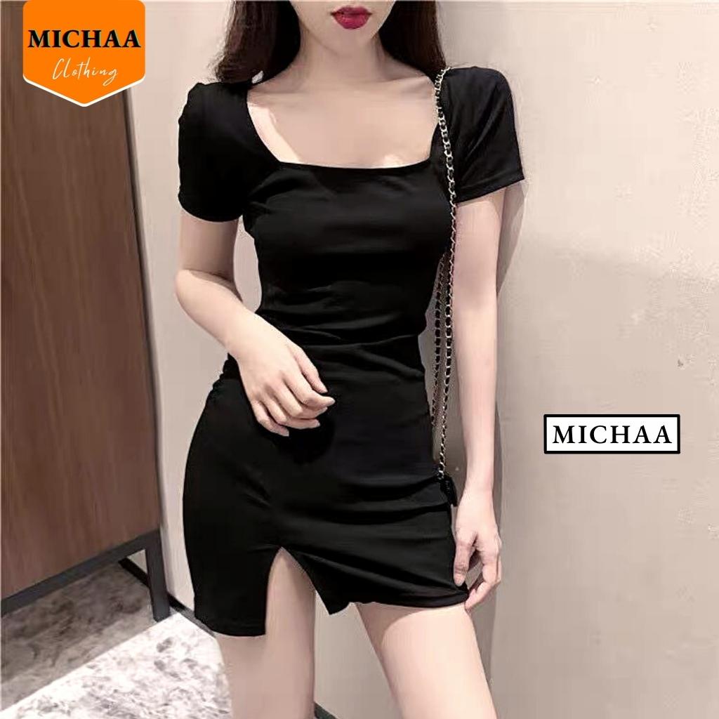Đầm Váy Body CỔ VUÔNG XẺ ĐÙI Trước Tay Ngắn Thun Borip Kiểu Ôm Sexy Gợi Cảm - MICHAA