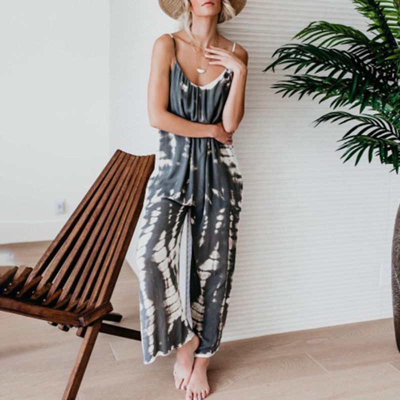 Bộ Áo Liền Quần Hai Dây Cổ Chữ V Ống Rộng Họa Tiết Màu Nhuộm Thời Trang Đi Biển Cho Nữ