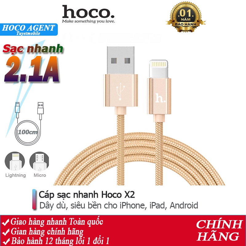 [Mã ELFLASH3 hoàn 10K xu đơn 20K] Cáp sạc nhanh Hoco X2 dây dù 2.1A full iPhone/ Android/ iPad dây dài 1m - Chính hãng