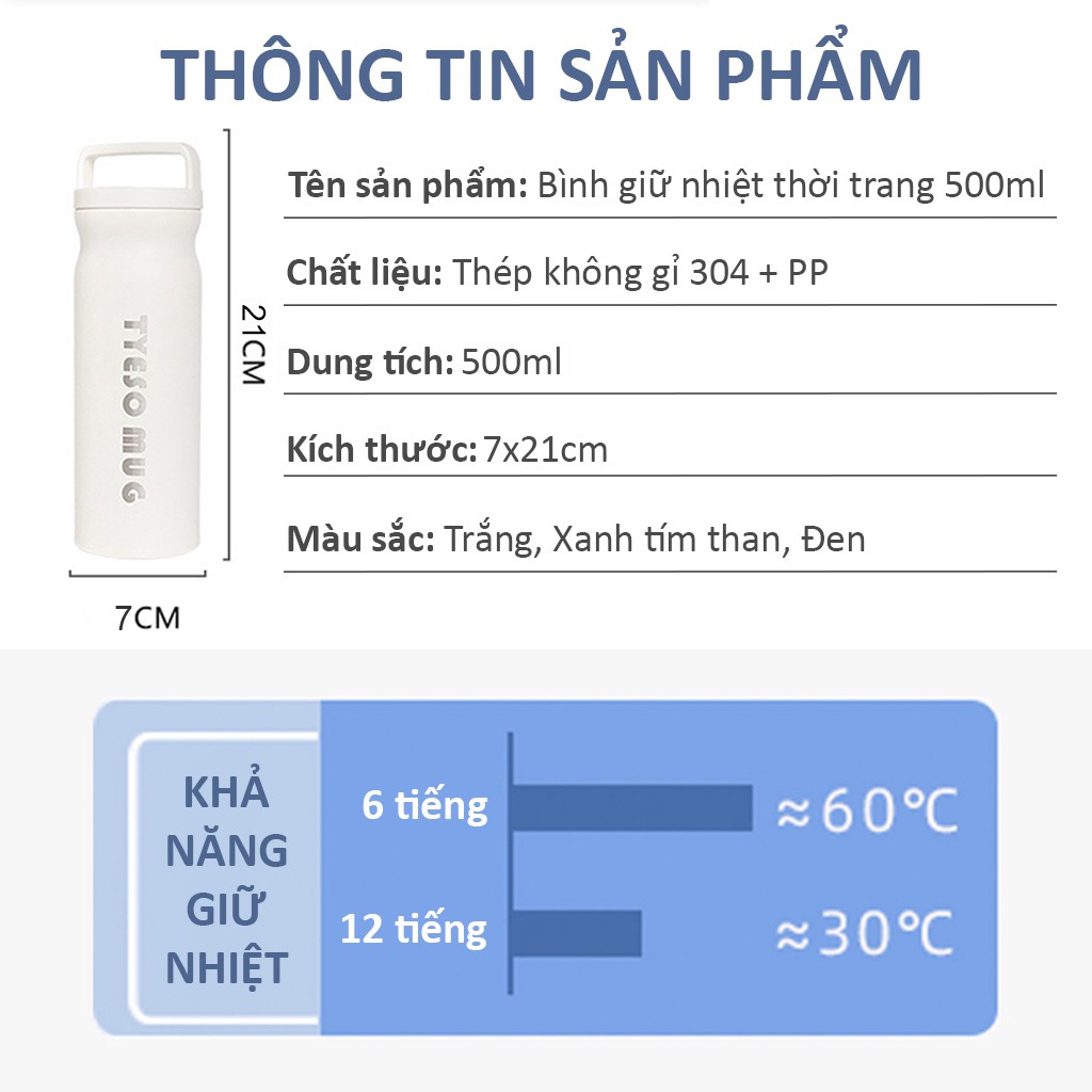 Bình giữ nhiệt cao cấp 500ml bằng inox 304 an toàn sức khỏe giữ nhiệt 10 tiếng có quai xách 3 màu unisex Harry's Bottle