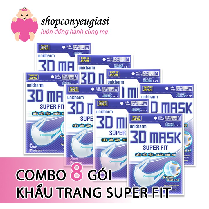 Combo 8 Gói Khẩu Trang Unicharm 3D Mask SuperFit Ngăn Khói Bụi