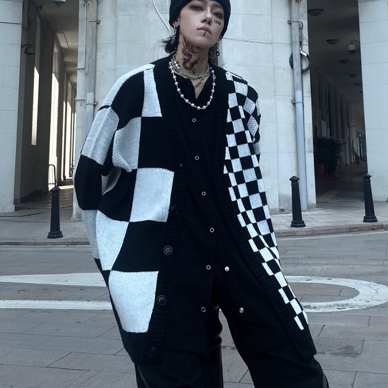 ✦AFFLIGA✦ Áo Khoác Cardigan Dệt Kim Dáng Rộng Họa Tiết Sọc Caro Trắng Đen Phong Cách Đường Phố Đơn Giản Thời Trang Xuân Thu Cho Nam Và Nữ