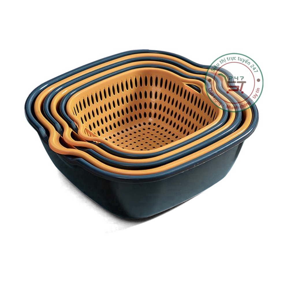 Bộ 6 món thau rổ nhựa chữ nhật đựng trái cây chứa đồ tiện lợi gọn nhẹ cho gia đình