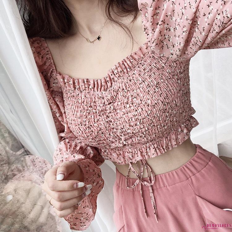 Áo croptop dài tay cổ vuông họa tiết hoa xinh xắn cho nữ