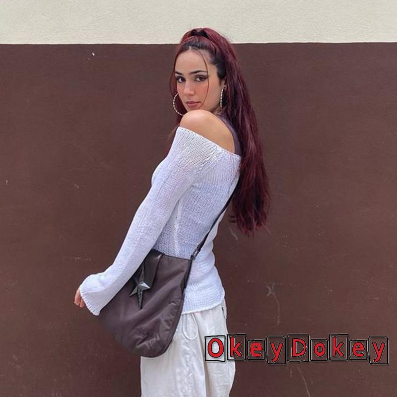 Áo Thun Dệt Kim Tay Dài Cổ Xéo Màu Trắng Phong Cách Harajuku Cổ Điển Cho Nữ ODokey-Y2K