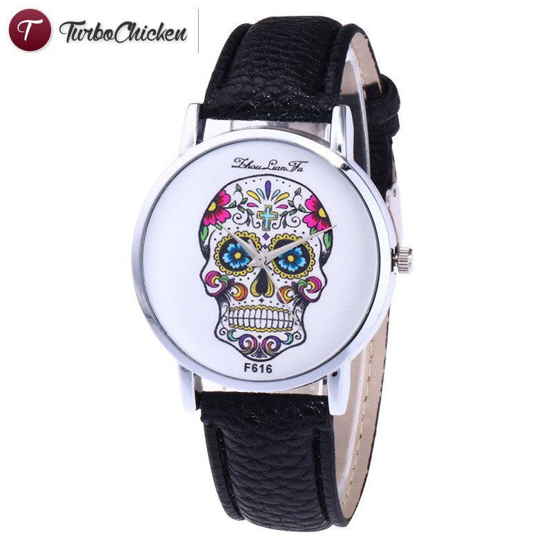 #Đồng hồ đeo tay# Women Men Flower skull Printed Couple Watches Simple Quartz Watch Halloween Gifts