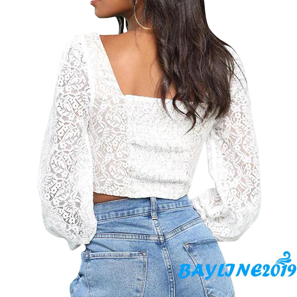 Áo Croptop Cổ Chữ U Phối Ren Màu Trơn Quyến Rũ Dành Cho Nữ