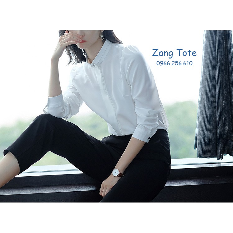 Áo sơ mi công sở nữ giấu cúc cổ polo cách điệu chất Mango Hàn cao cấp màu trắng sứ SMFH1 - Zang Tote