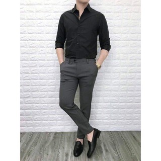 [Qùa tặng] com bo quần tây âu màu xám+áo sơ mi nam màu đen kiểu dáng hàn quốc+quà