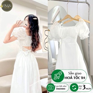 [SẴN] Đầm voan trắng dự tiêc cổ vuông tay bồng váy kỉ yếu, đi cưới dáng dài cutout lưng thắt nơ D509