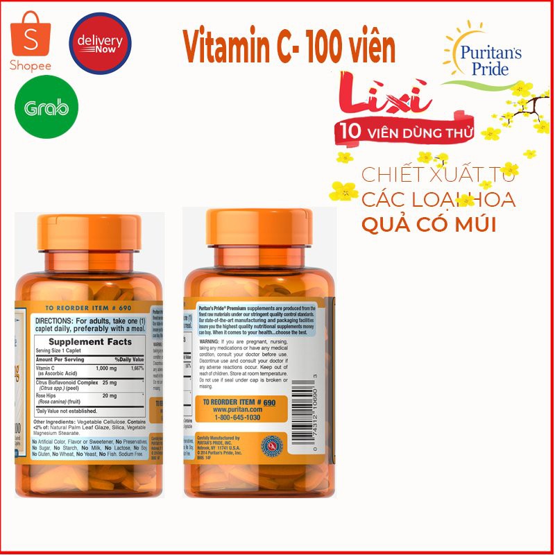  Viên Bổ Sung Vitamin C 500mg - 1000mg Puritan's Pride 100 viên