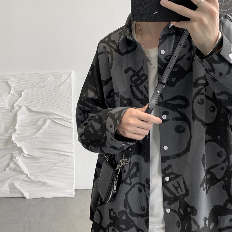 Áo sơ mi tay dài dáng rộng cài khuy kiểu Hồng Kông đường phố cá tính cho nam