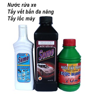 1 chai nước rửa xe vuông, 1 chai tẩy đa năng Sumo và 1 chai tẩy lốc máy 702