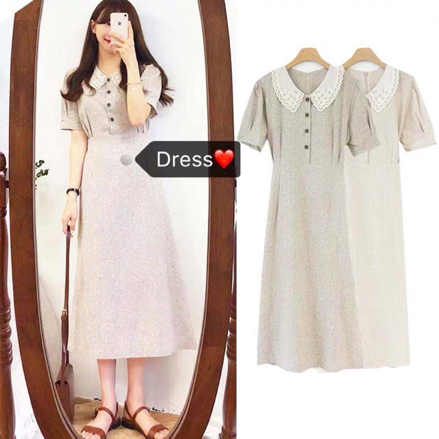 Đầm dài tay phồng hoạ tiết caro nhỏ ulzzang / Đầm suông cổ phối ren QC