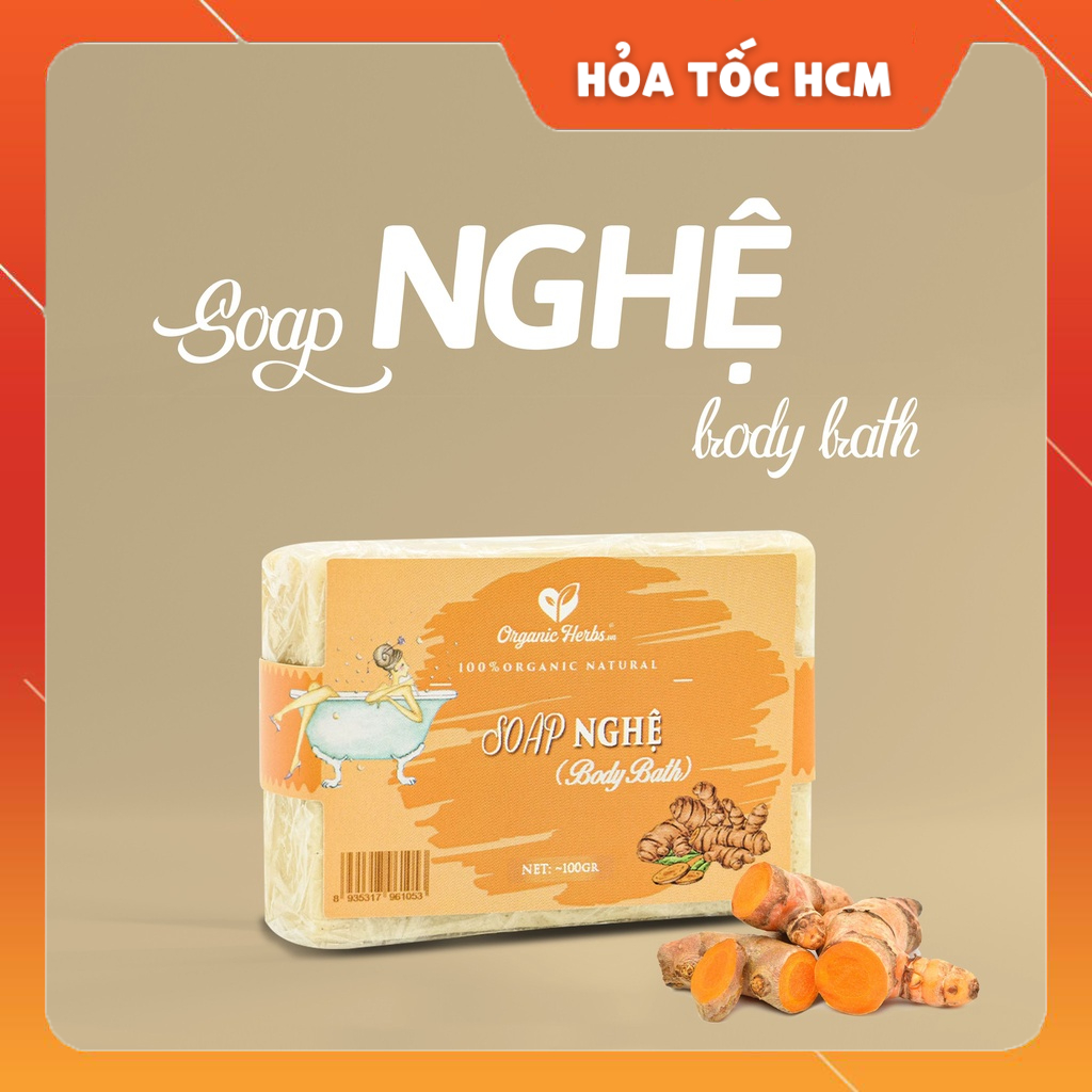 SOAP Xà bông TINH BỘT NGHỆ 100% organic tự nhiên 100gr tiêu chuẩn sản xuất ISO 22000:2018 - Tặng túi lưới tạo bọt