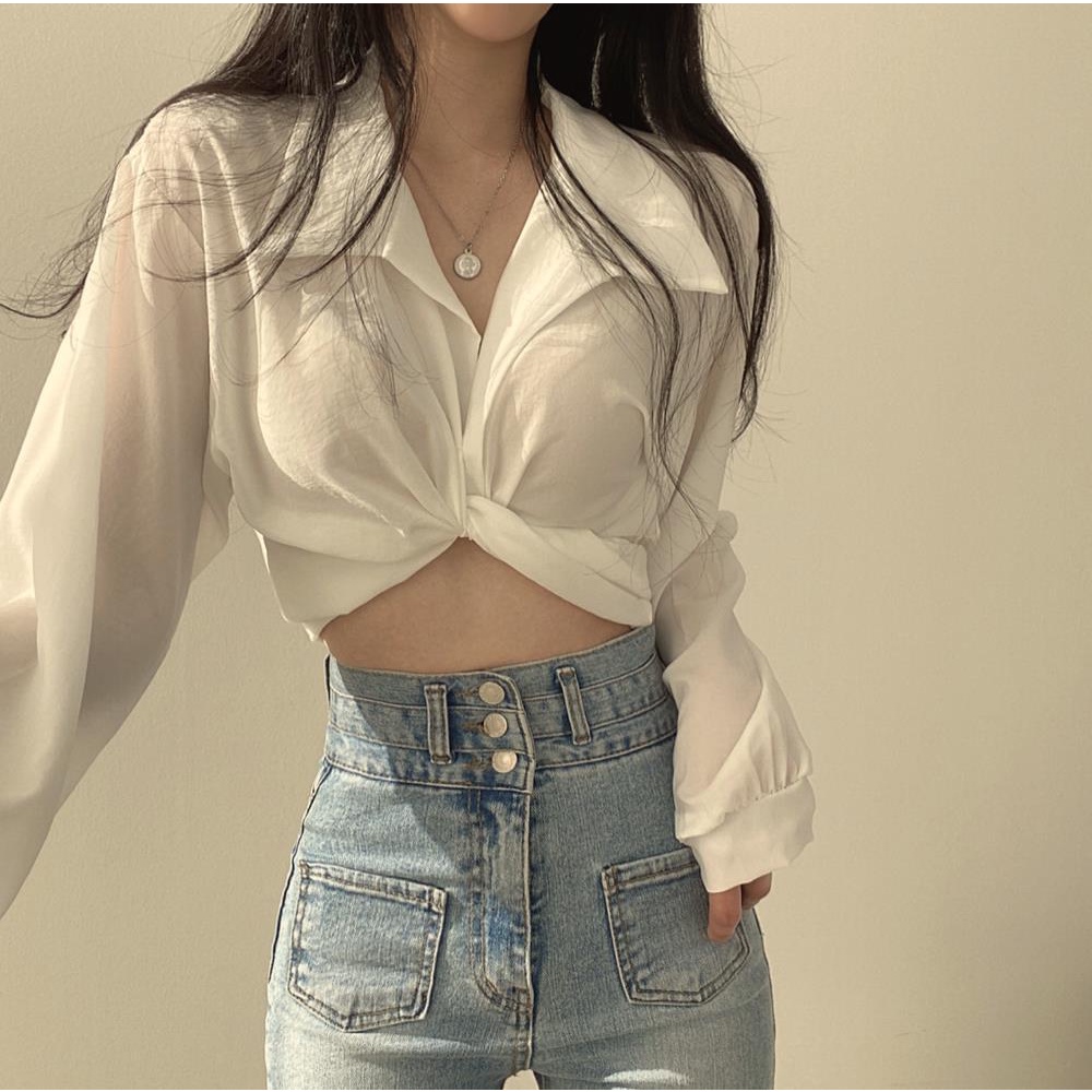 Áo Sơ Mi Ngắn Hở Rốn Thắt Nơ Sau Lưng Phong Cách Pháp Thời Trang Mùa Thu Dành Cho Bạn Nữ