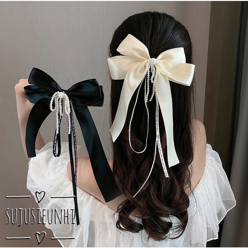 Kẹp tóc bấm đính nơ bản to đeo sau đầu gắn chuỗi ngọc nhân tạo xinh xắn dành cho nữ