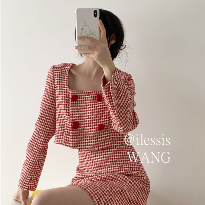 Set áo cổ vuông dài tay + chân váy họa tiết ca rô thời trang dành cho nữ | BigBuy360 - bigbuy360.vn