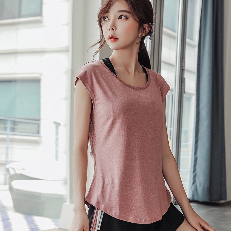 Áo Thun Tay Ngắn Cổ Tròn Dáng Rộng Nhanh Khô Màu Trơn Thời Trang Cho Nữ Lưng