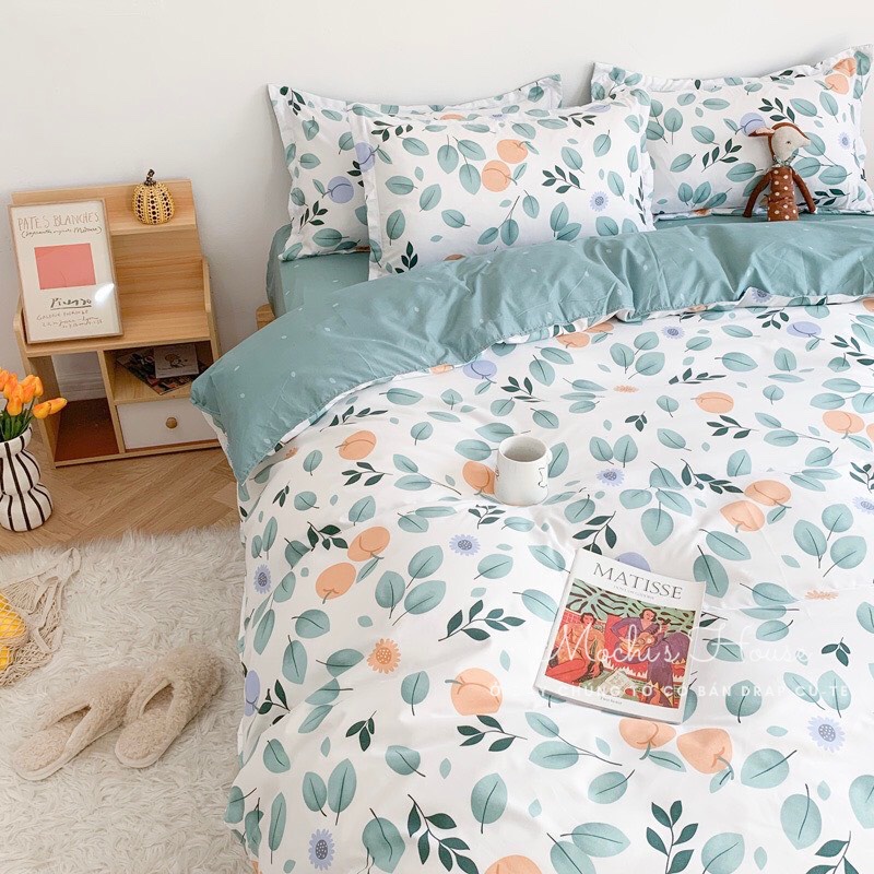 [VẢI SIÊU ĐẸP] BỘ CHĂN GA GỐI COTON POLY MẪU CÀNH CAM GA XANH LÁ XINH XẮN DRAP GIƯỜNG | BigBuy360 - bigbuy360.vn
