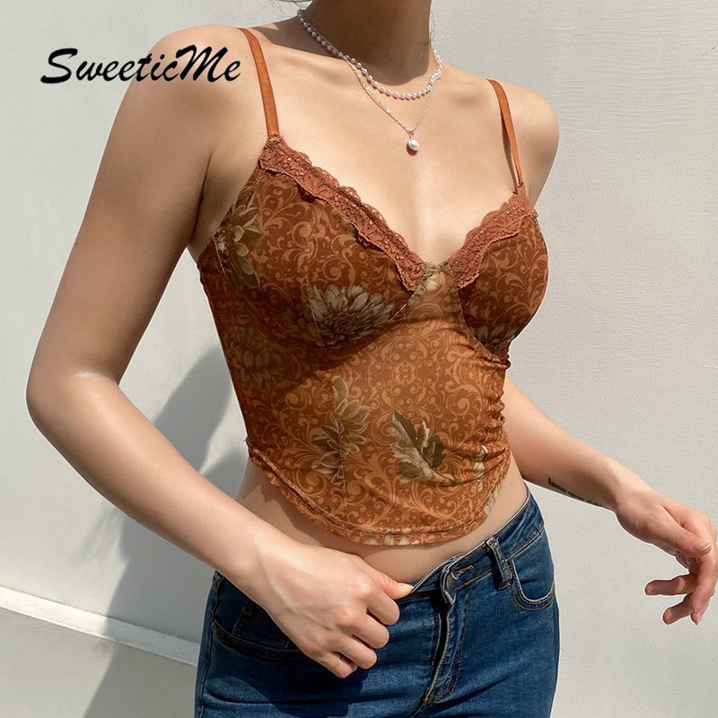 Áo hai dây cổ chữ v hở lưng in họa tiết lưới thời trang mới cho nữ