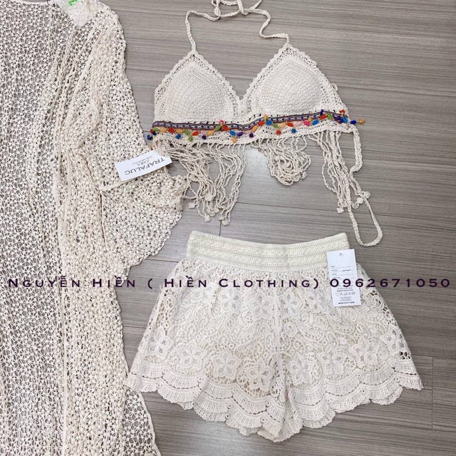 Set biển đẹp - set 3 món - bra tua rua dài ngọc + quần hoa cạp + choàng dài tay loe ~100cm (có tách rời)