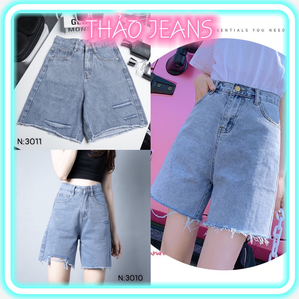 Quần Short Jean Bò Nữ Dáng Ngố Lửng Vải Mềm Rách Kiểu