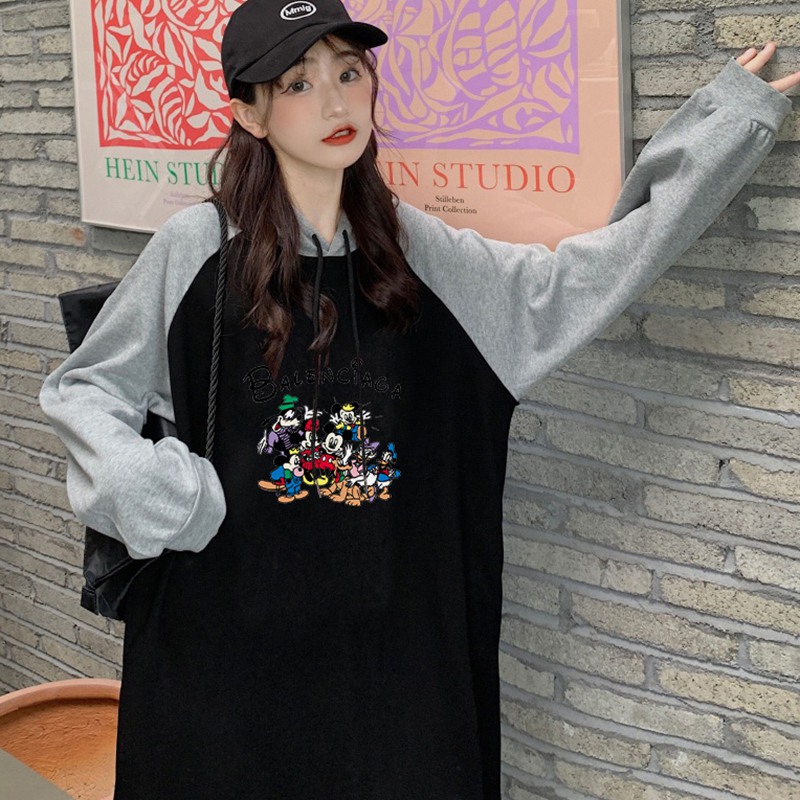Đầm Hoodies Tay Dài Hoạ Tiết Hoạt Hình Phong Cách Hàn Quốc Thời Trang Nữ Dễ Thương
