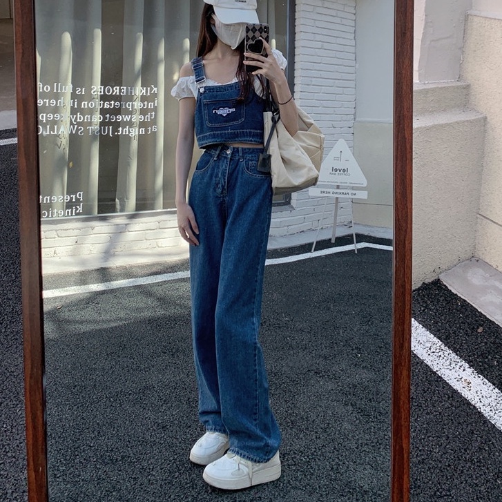 【JMWOMEN】Bộ Áo Hai Dây Dáng Ngắn + Quần Jeans Ống Rộng Lưng Cao Xẻ Tà Phong Cách Hàn Quốc Cho Nữ