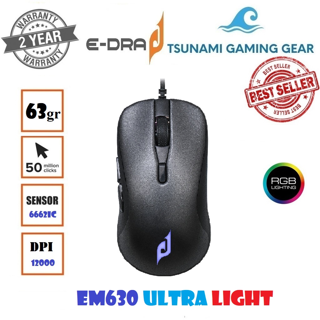 Chuột chơi game E-dra EM630 Ultra Light led RGB/ DPI 12000/ 63g siêu nhẹ - Hàng chính hãng