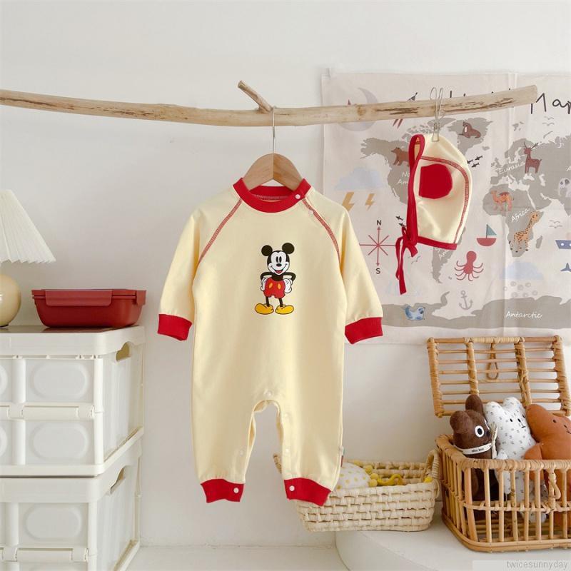 Bộ áo liền quần in họa tiết hoạt hình + mũ thời trang cho bé sơ sinh