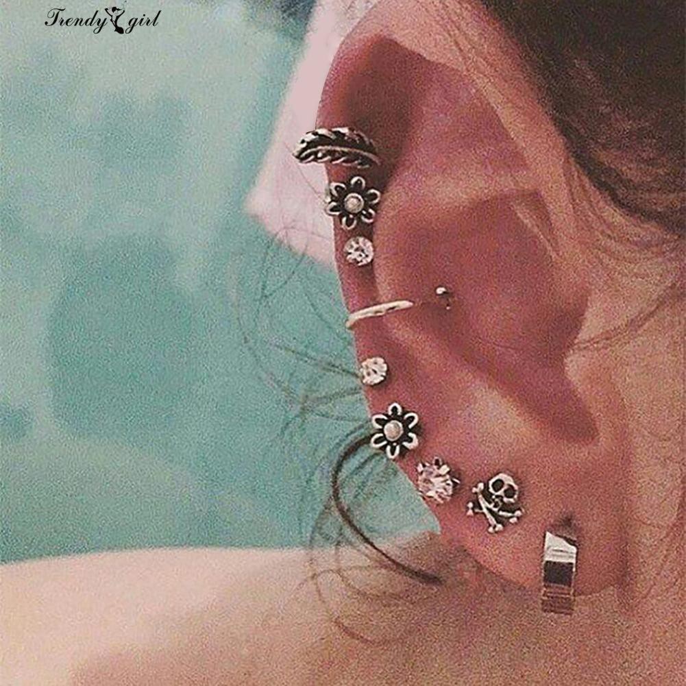 Bộ 9 cái bông tai dạng kẹp hình hoa lá Bohemia cho nữ