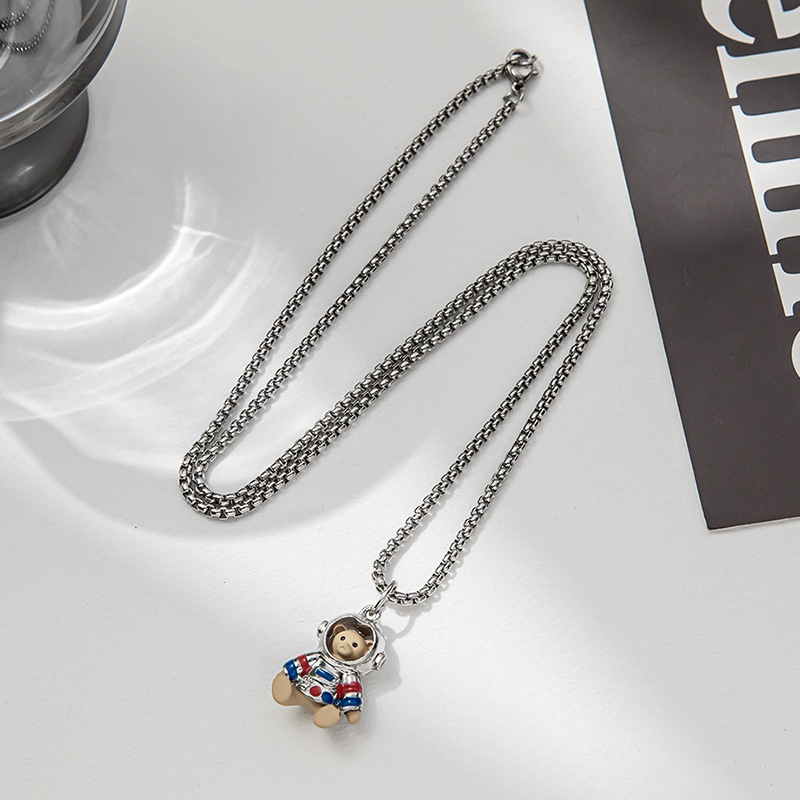 XiaoboACC Vòng Cổ Mặt Hình Gấu Phi Hành Gia Bằng Thép Không Gỉ Phong Cách Hip Hop 60cm