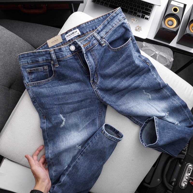 Quần jean dài nam denim ống ôm xanh nhạt chất bò đẹp co giãn