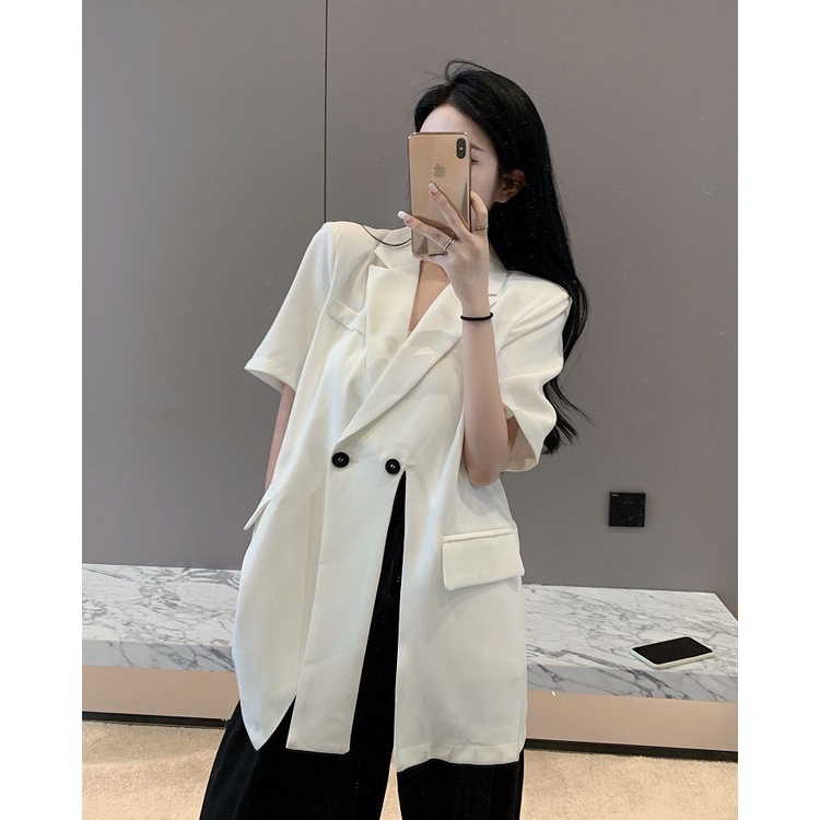 Design sense minority suit jacket women's thin loose temperament forked short suit blouse summer 2022 new style